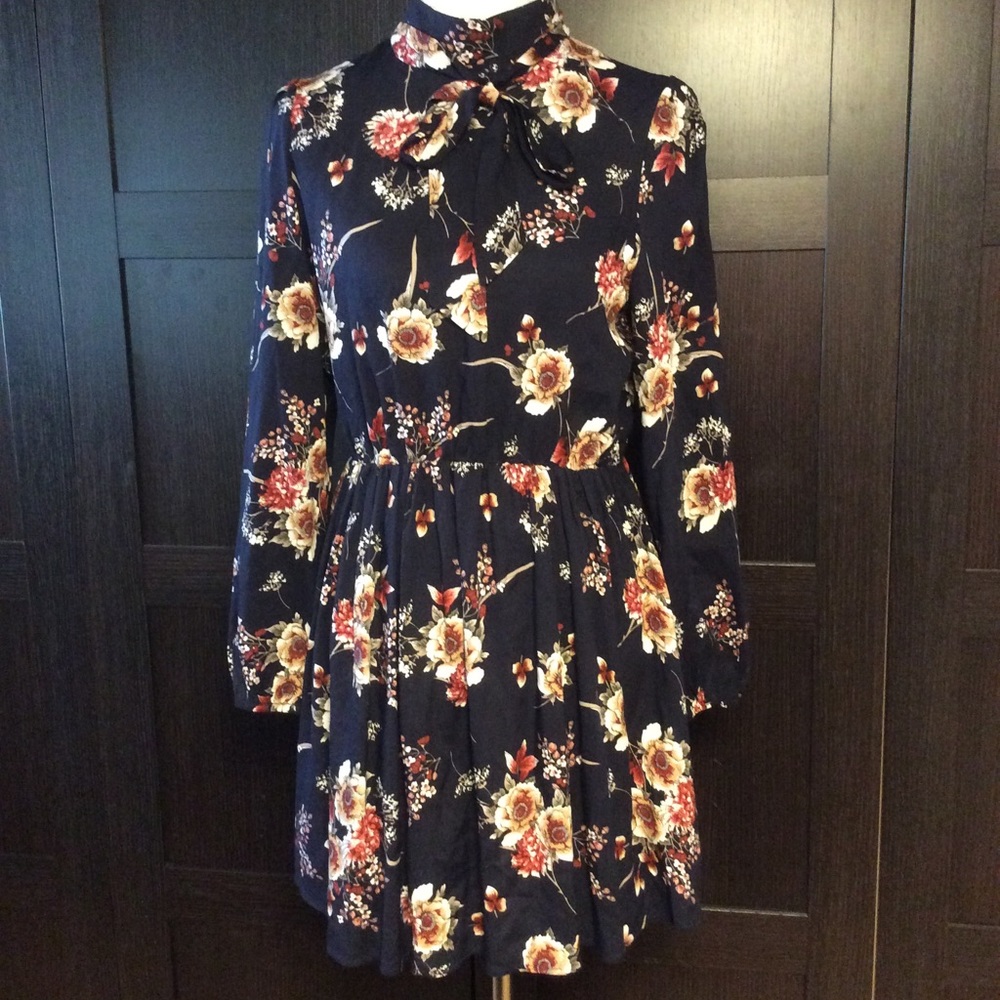 - - - - Shein Black mini  floral dress long sleeve high neck with ties NEW…